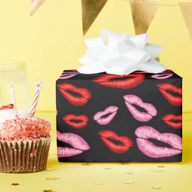 Pink red lipstick mouth print  wrapping paper (Birthday Party)