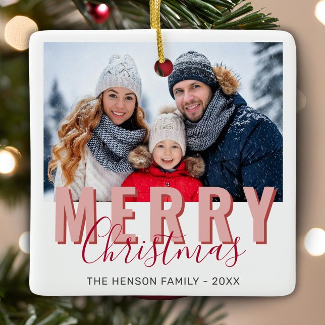 Pink Red Merry Christmas Script Family Photo Ceramic Ornament (Creator Uploaded)