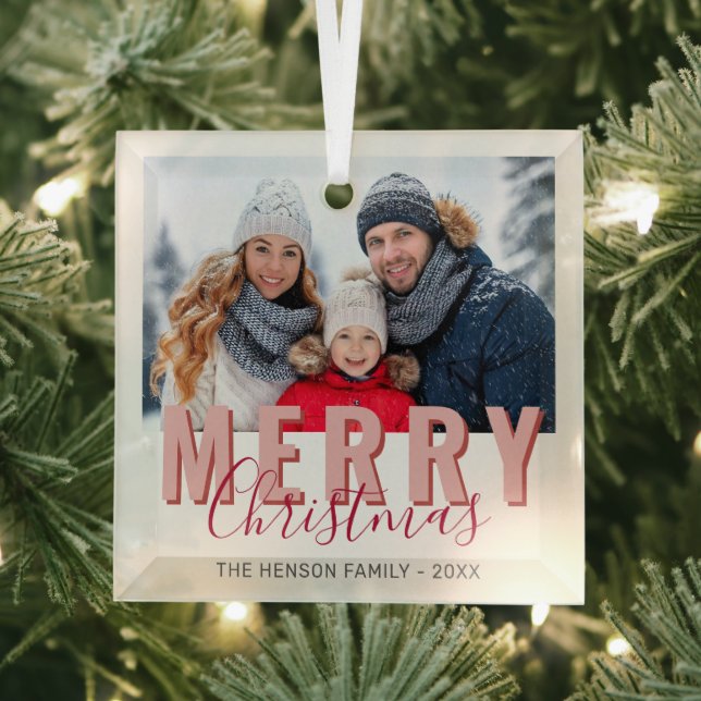 Pink Red Merry Christmas Script Family Photo Glass Ornament (Insitu)