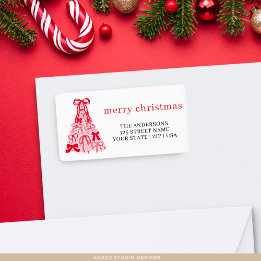 Pink Red Merry Christmas Tree Bow Holiday Label