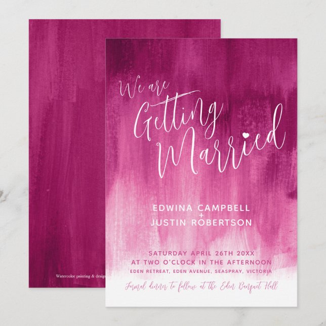 Pink red modern art painting wedding invitations (Front/Back)