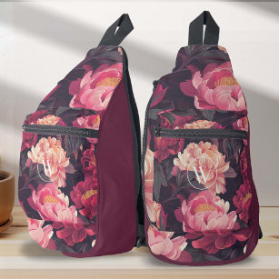 Pink red nature flower vintage pattern, monogram  sling bag