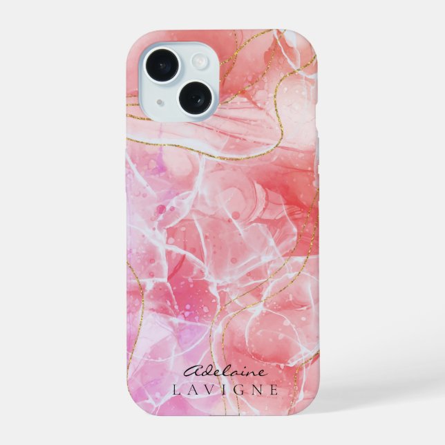 Pink Red Ombre watercolor Ink Customizable iPhone 15 Case (Back)