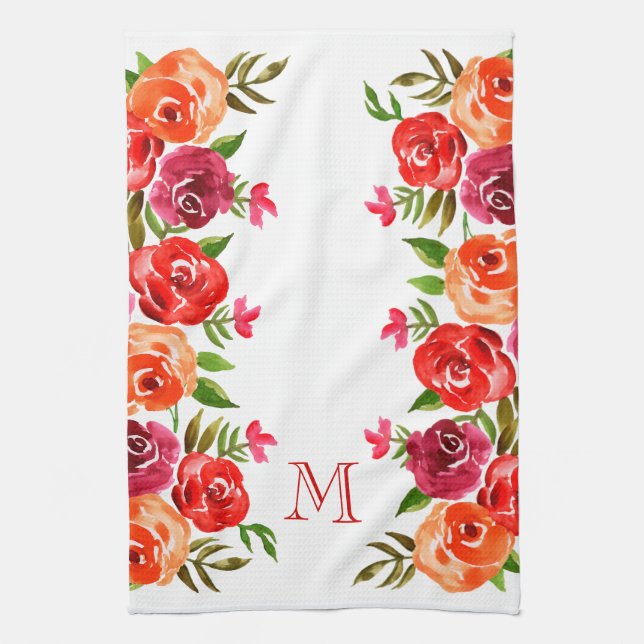 Pink Red Orange Flowers Monogrammed Kitchen Towel (Vertical)
