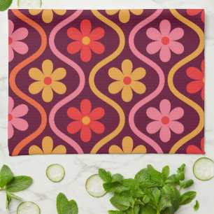 Pink Red Orange Flowers on Retro Ogee Pattern Kitchen Towel
