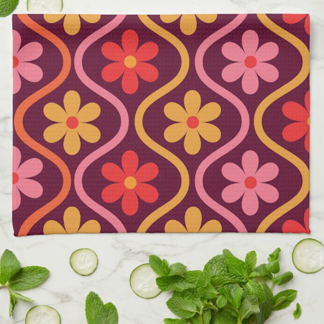 Pink Red Orange Flowers on Retro Ogee Pattern  Kitchen Towel (Folded)