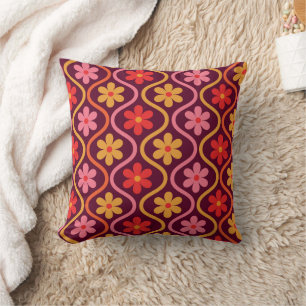 Pink Red Orange Flowers on Retro Ogee Pattern Throw Pillow