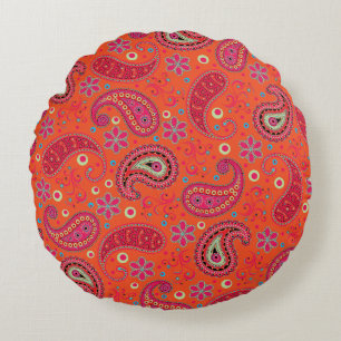 pink red orange paisley pattern,boho paisley round pillow