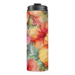 PINK RED ORANGE WATERCOLOR TROPICAL HIBISCUS THERMAL TUMBLER