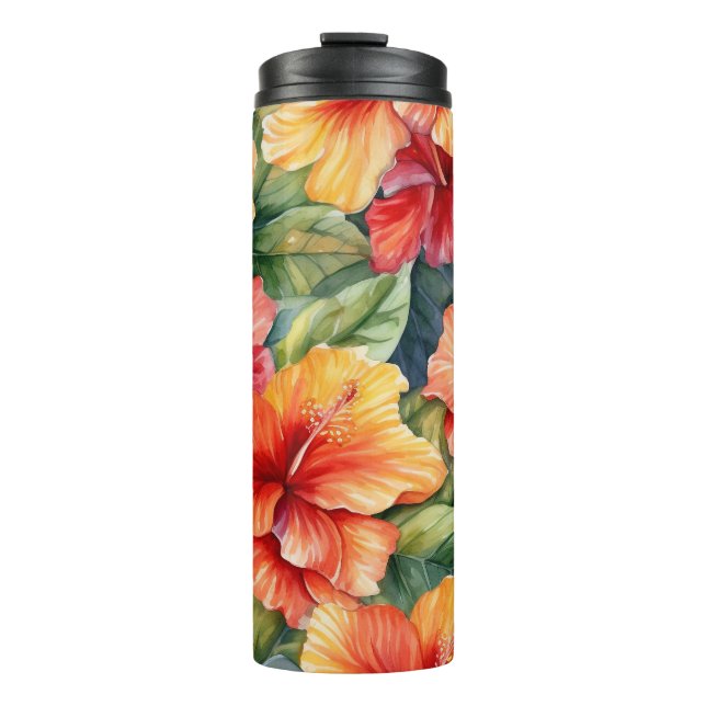 PINK RED ORANGE WATERCOLOR TROPICAL HIBISCUS THERMAL TUMBLER (Front)