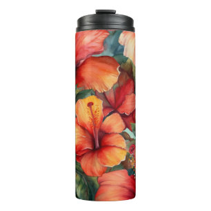 PINK RED ORANGE WATERCOLOR TROPICAL HIBISCUS THERMAL TUMBLER