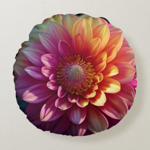 Pink Red Orange Yellow Purple Dahlia Flower Round Pillow