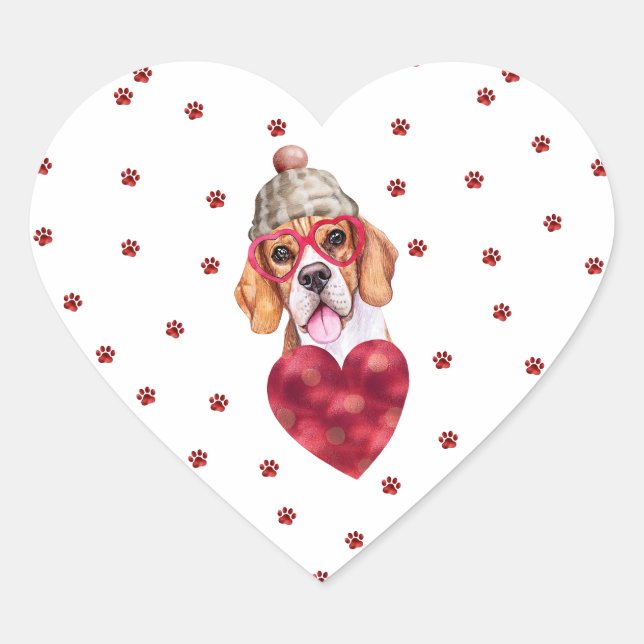 Pink Red Paws Heart Beagle Dog Valentines Sticker (Front)