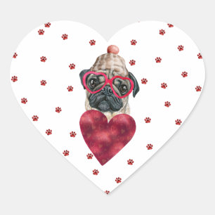 Pink Red Paws Heart Pug Dog Valentine's Sticker