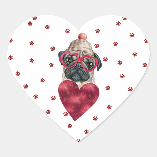 Pink Red Paws Heart Pug Dog Valentine's Sticker (Front)