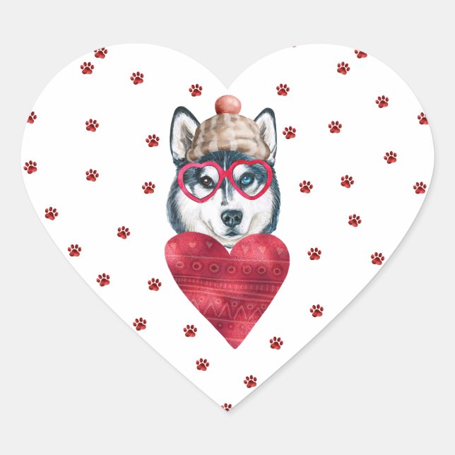 Pink Red Paws Siberian Husky Dog Valentine's Heart Sticker (Front)