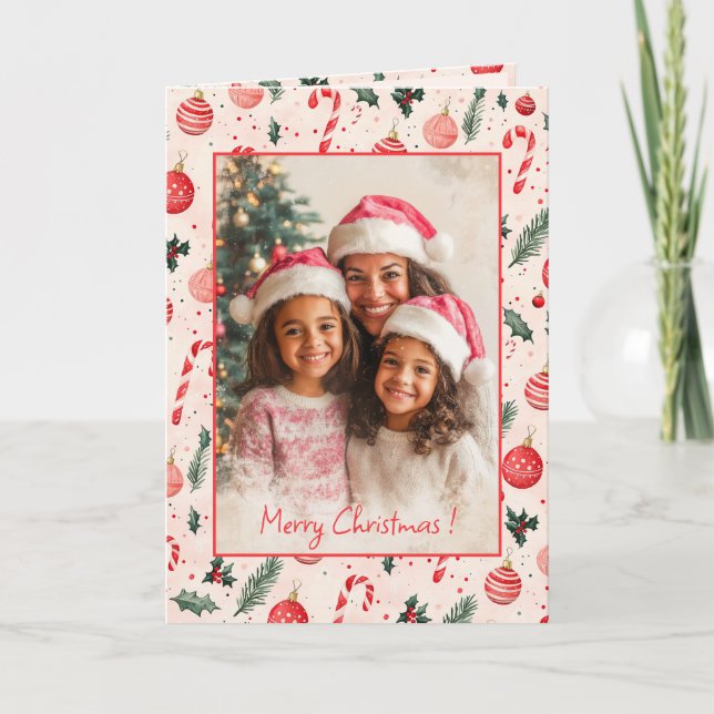 Pink Red Photo Cute Christmas Card (Front)