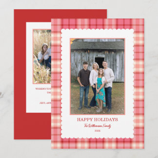 Pink Red Plaid Scallop Frame Photo Christmas  Holiday Card