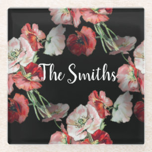 Pink & Red Poppies Pattern Custom Glass Coaster