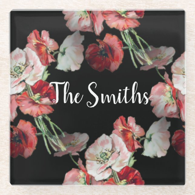 Pink & Red Poppies Pattern Custom Glass Coaster (Front)