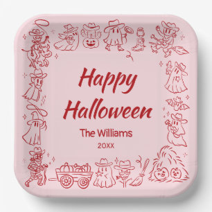 Pink Red Quirky Hand Drawn Doodles Halloween Paper Plate