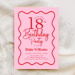 Pink Red Retro 18th Birthday Wavy Border Invitation<br><div class="desc">Pink red 18th birthday party invitation. Trendy modern design with a retro touch,  perfect for a stylish women's bday celebration. Features wavy border and script font. Customize with your own details. Message me if you need custom age. Printed Zazzle invitations or instant download digital printable template.</div>