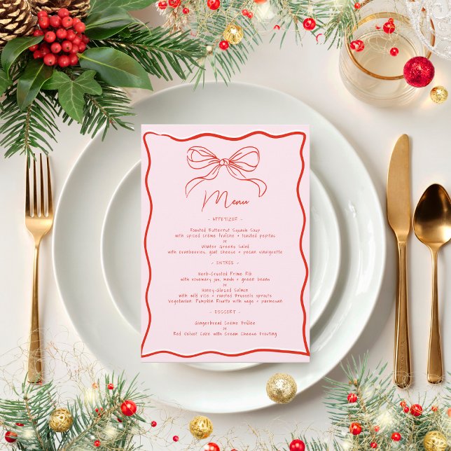 Pink & Red Retro Bow French Christmas Dinner Menu (Creator Uploaded)
