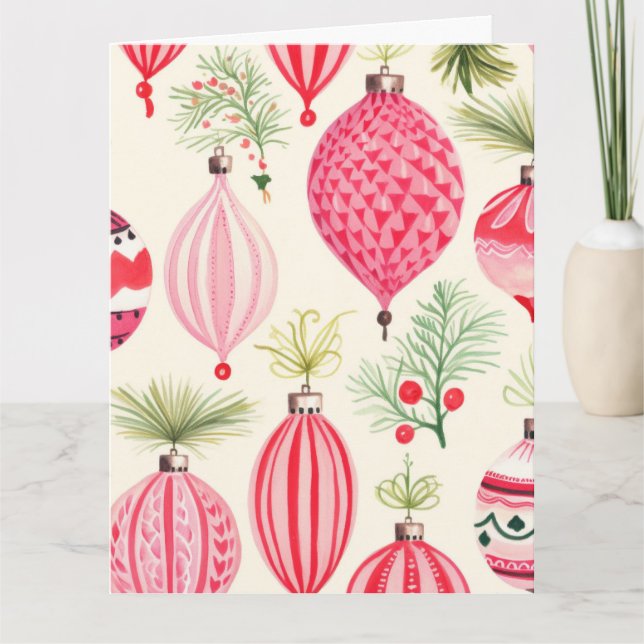 Pink Red Retro Christmas Ornaments Card (Front)