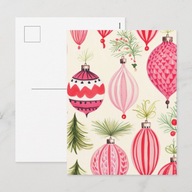 Pink Red Retro Christmas Ornaments Postcard (Front/Back)