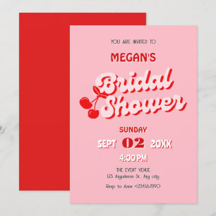 Pink red retro groovy cherry bridal shower invitation