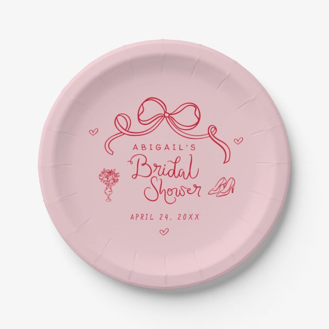 Pink Red Retro Hand Drawn Whimsical Bridal Shower Paper Plate (Front)
