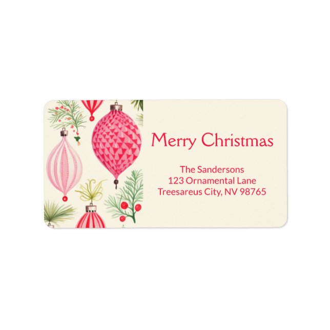 Pink Red Retro Ornaments Christmas Label (Front)