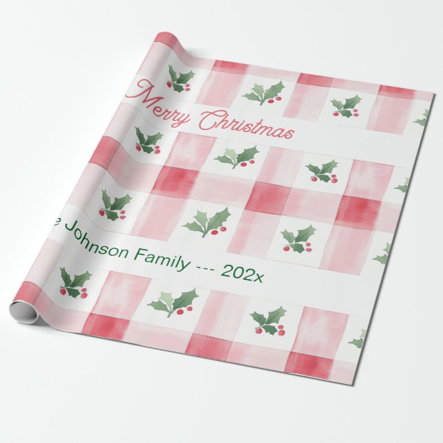 Pink Red Retro Personalized Christmas Wrapping Paper (Unrolled)
