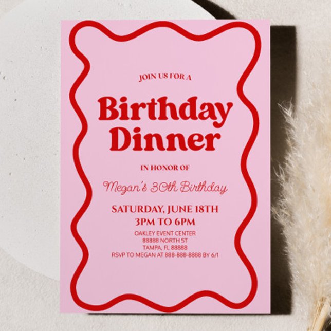 Pink Red Retro Wavy Border Birthday Dinner Party Invitation (Creator Uploaded)
