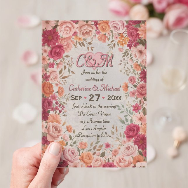 Pink & Red Romantic Rose Spring Floral Wedding Acrylic Invitations (Front view of pink and red romantic rose floral victorian vintage spring garden wedding invitation)