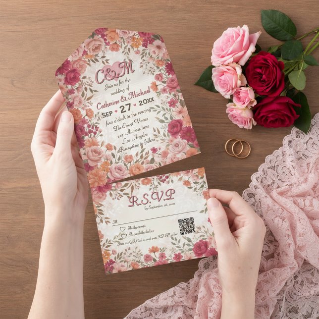 Pink & Red Romantic Spring Floral QR Code Wedding All In One Invitation (Flat lay pink red floral vintage spring garden romantic wedding invitation suite with RSVP)