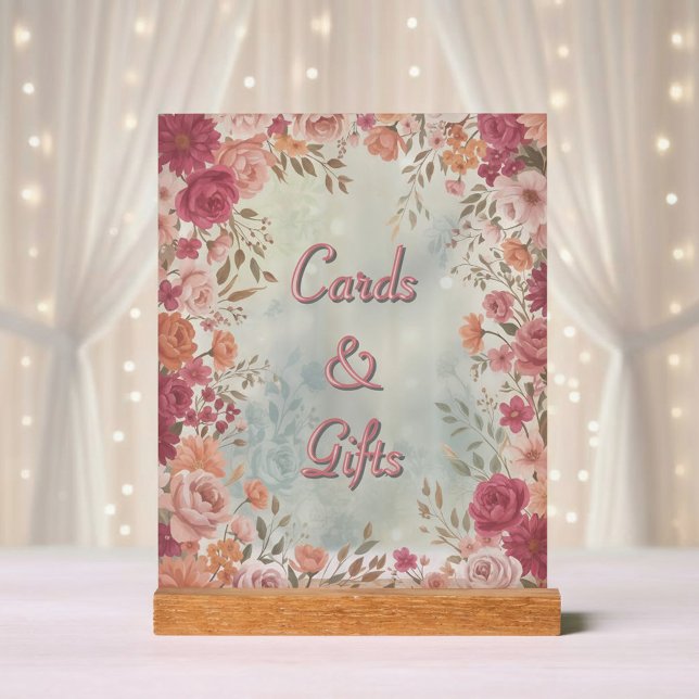 Pink & Red Romantic Spring Floral Wedding (Front view pink red watercolor floral vintage spring garden wedding cards and gifts table sign )