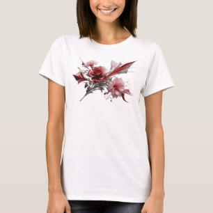 Pink RED ROSE AND PINK FLOWERS ON BLACK BACKGROUND T-Shirt