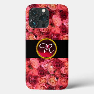 PINK RED ROSE FIELD ,RED RUBY GEMSTONE MONOGRAM iPhone 13 PRO CASE