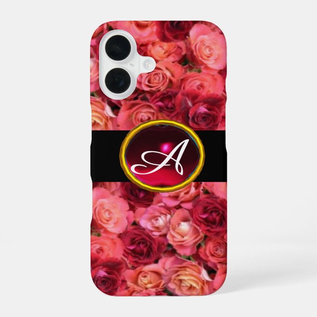 PINK RED ROSE FIELD ,RED RUBY GEMSTONE MONOGRAM iPhone 16 CASE (Back)