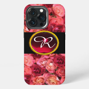 PINK RED ROSE FIELD ,RED RUBY GEMSTONE MONOGRAM iPhone 13 PRO CASE