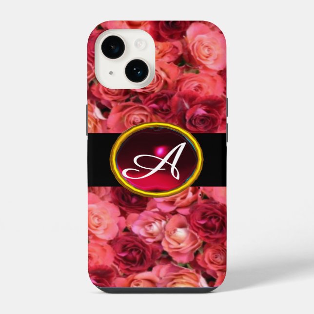 PINK RED ROSE FIELD ,RED RUBY GEMSTONE MONOGRAM iPhone CASE (Back)