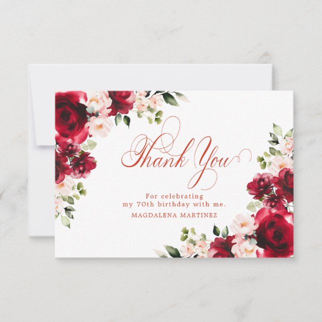 Pink Red Rose Floral 70th Birthday Personalized Thank You Card (Front)