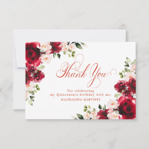 Pink Red Rose Floral Quinceanera Personalized Thank You Card