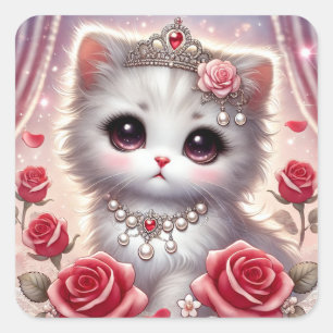 Pink Red Rose Princess Cat Square Sticker