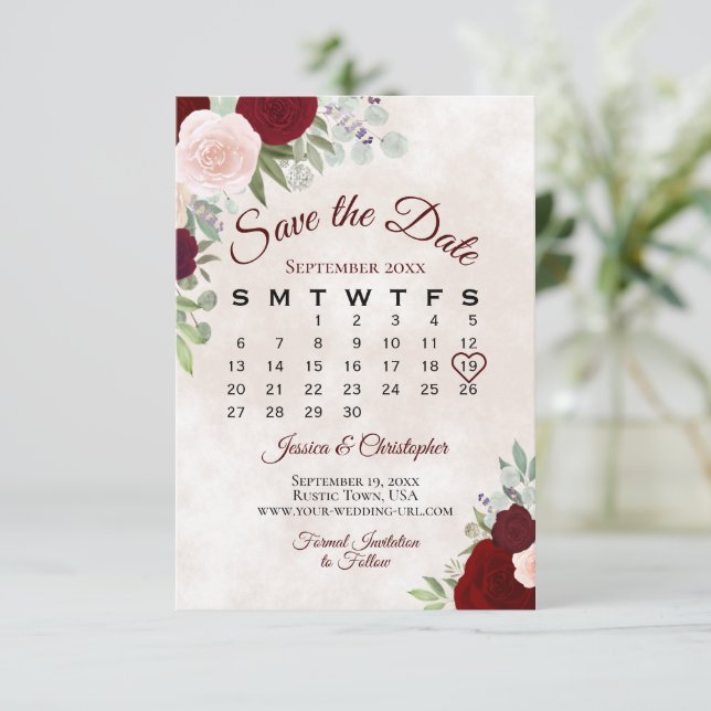 Pink & Red Roses Elegant Boho Wedding Calendar Save The Date (Standing Front)