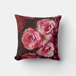 Pink, red roses: fabric background. throw pillow