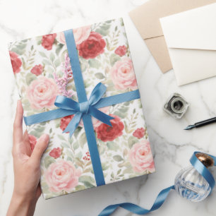 Pink Red Roses Floral Bridal Shower Wrapping Paper