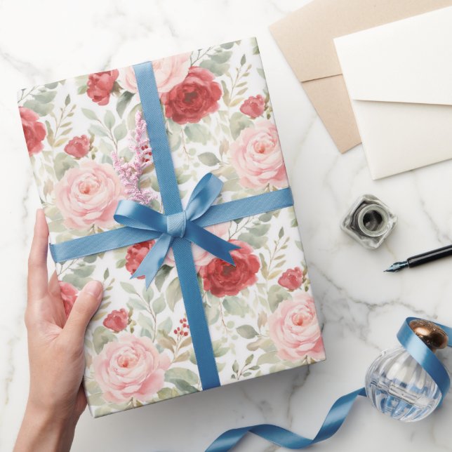 Pink Red Roses Floral Bridal Shower Wrapping Paper (Gifting)
