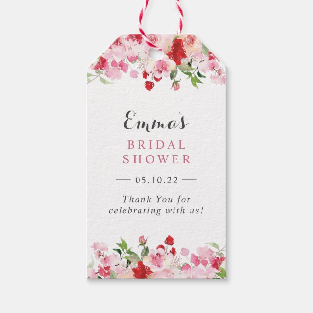 Pink Red Roses Watercolor Floral Bridal Shower Gift Tags (Front)